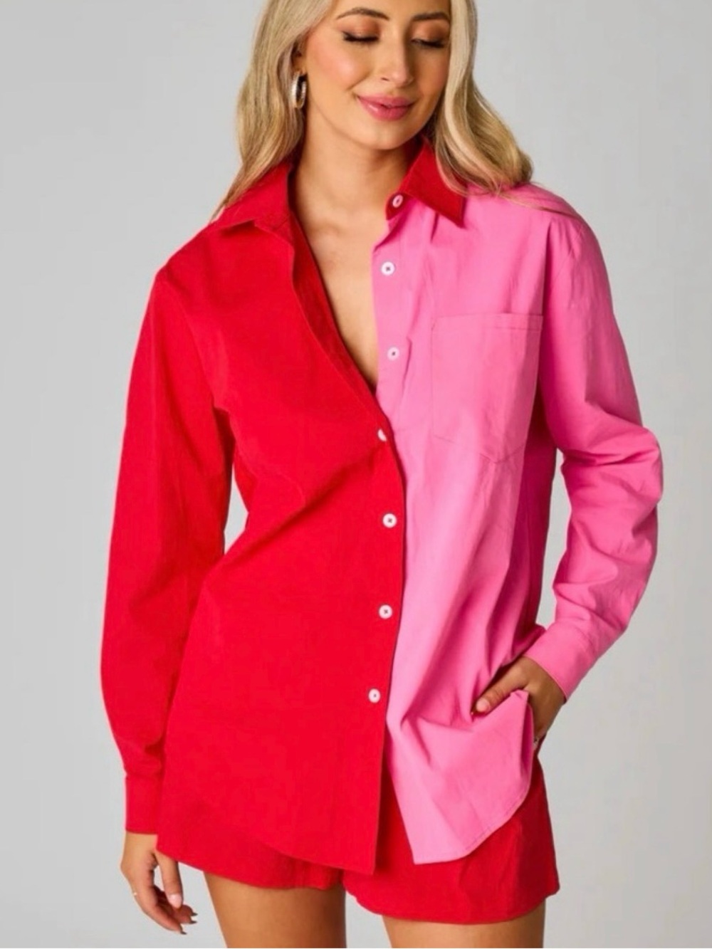 Buddy loveTwo-Tone set Button-Up Shirt in Red and Pink with red matching shorts